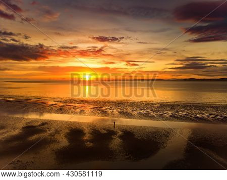 Beautiful Sunset Colors Over The Coastline Of Allerdale District In Cumbria, Uk. Sun Setting Over Th