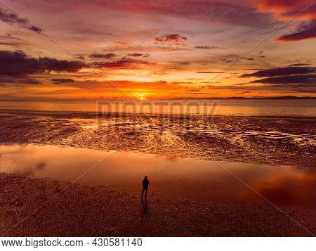 Beautiful Sunset Colors Over The Coastline Of Allerdale District In Cumbria, Uk. Sun Setting Over Th