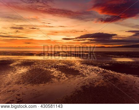 Beautiful Sunset Colors Over The Coastline Of Allerdale District In Cumbria, Uk. Sun Setting Over Th