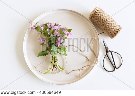 Closeup Of Lamium Amplexicaule, Commonly Known As Common Henbit, Or Greater Henbit, Earthenware Plat