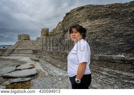 A Beautiful Limestone Formation With A Dramatic Sky In The Background. Picture From The Baltic Sea
