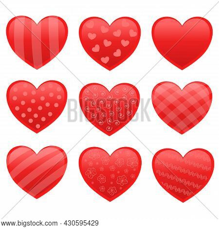 Vector Red Valentine's Day Hearts Stickers Set With Different Texture. Design Elements For Greeting 