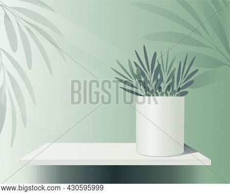 Green Realistic Background Design With Shelf, Vase, Tropical Leaves. Minimal Scene With Platform To 