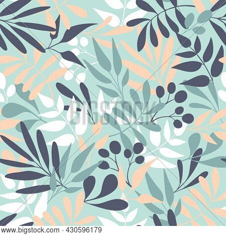 Green Leaves Seamless Pattern Background. Hand Draw Texture. Vector Packaging Design Template For Co