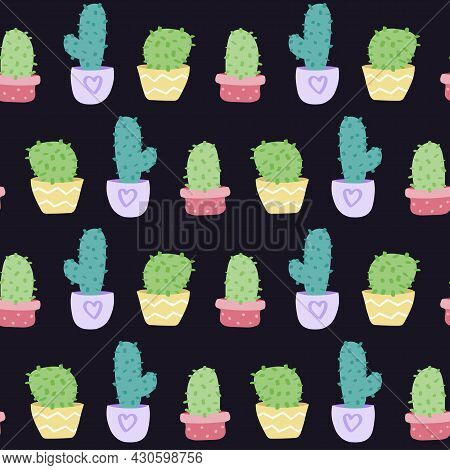 Cute Vector Seamless Pattern With Cartoon Cacti In Pots. It Can Be Used As Wallpaper, Poster, Print 