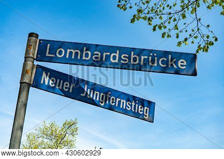 Streetsigns In Hamburg Jungfernstieg - Hamburg, Germany - May 10, 2021