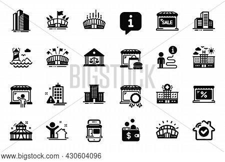 Vector Set Of Buildings Icons Related To Skyscraper Buildings, Lighthouse And Marketplace Icons. Hou