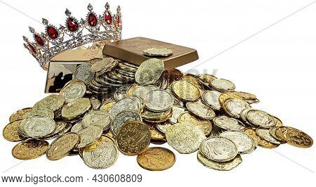 Gold Coins And Bars And A Golden Crown For Monetary Investment