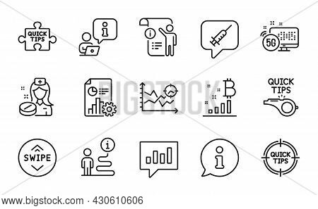 Science Icons Set. Included Icon As Bitcoin Graph, Vaccine Message, Tips Signs. Analytical Chat, Tut