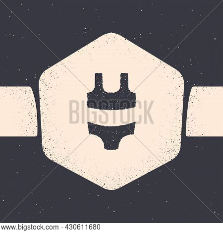 Grunge Summer Beach Swimsuit Icon Isolated On Grey Background. Beach Women Fashion. Monochrome Vinta