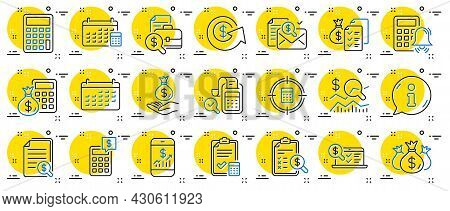 Accounting Line Icons. Set Of Calculator, Check Investment And Report Icons. Calendar, Banking Accou