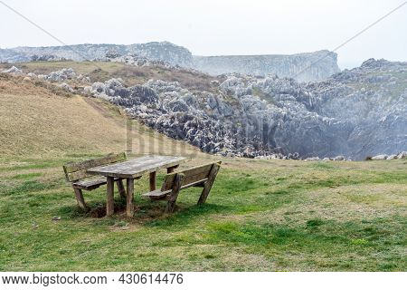 Landscape Of The Karst Limestone Sea Cliffs In Asturias In The Llanes Coast, North Of Spain, With Th
