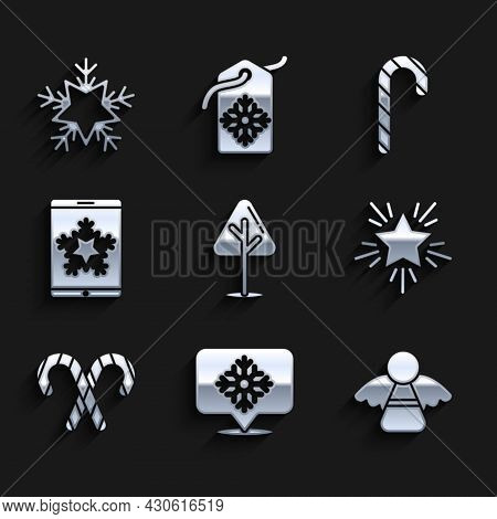 Set Christmas Tree, Snowflake With Speech Bubble, Angel, Star, Candy Cane Stripes, On Smartphone Sno
