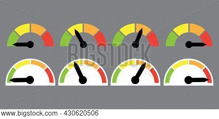 Color Speedometer Icons Set. Progress Performance Chart. Scale Meter. Infographic Design. Vector Ill