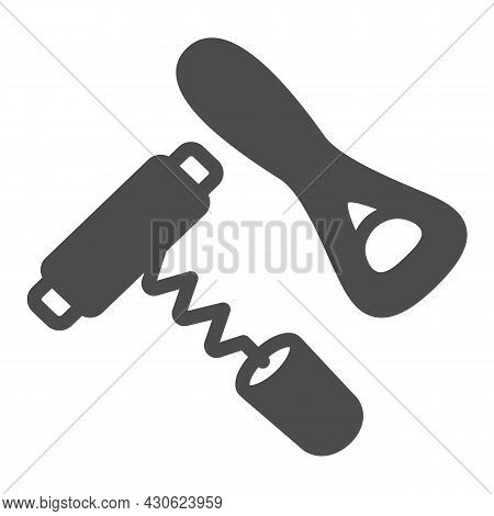 Corkscrew And Bottle Opener Solid Icon, Bar Concept, Cork Screw And Can Opener Vector Sign On White 