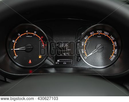 Novosibirsk, Russia - July 21, 2021: Lada Granta, Closeup Picture Of A Cars Speedometer.