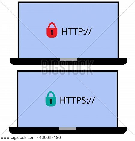 Http And Https Protocols On White Background. Safe Web Surfing And Data Encryption Sign. Safe And Se
