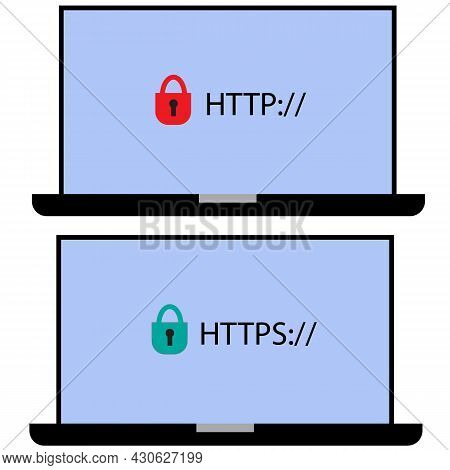 Http And Https Protocols On White Background. Safe Web Surfing And Data Encryption Sign. Safe And Se