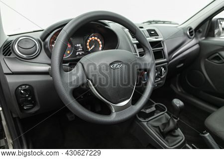 Novosibirsk, Russia - July 21, 2021: Lada Granta, Dashboard,  Steering Wheel With Logo And Buttons, 