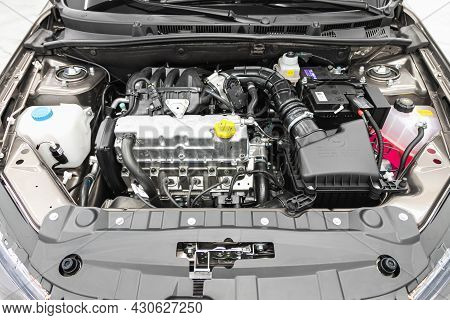 Novosibirsk, Russia - July 21, 2021: Lada Granta,  Car Engine Close-up. Internal Combustion Engine, 