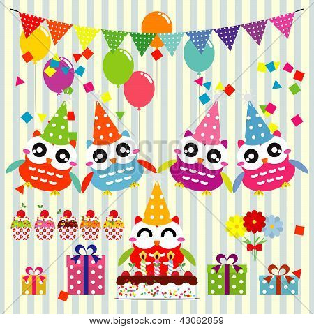 Éléments fête anniversaire avec des chouettes mignons