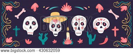 Vector Set Of Mexico Elements And Symbols In Flat Hand Drawn Style Isolated On Dark Background. Dia 