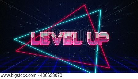 Image of retro Level Up text glitching over blue and red triangles on white hyperspace effect