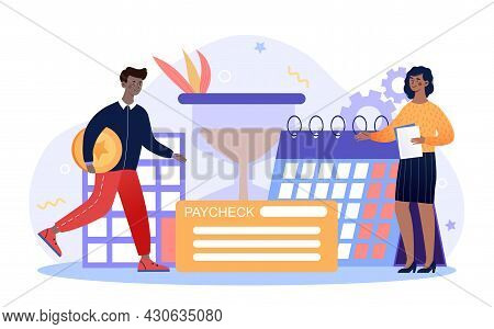 Woman Checking Payments. Man Carries Money On Time. Refunds, Credit Institutions, Debts. Tiny Busine