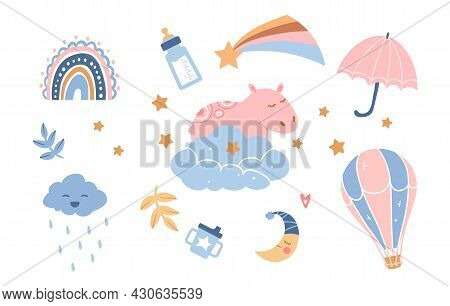 Stickers For Babies. Set Of Cute Pictures Suitable For Newborns. Posters And Badges. Umbrella, Moon,