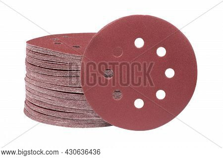 Red Round Sandpaper Disc Isolated On A White Background. Sanding Disk For Sander Grits.