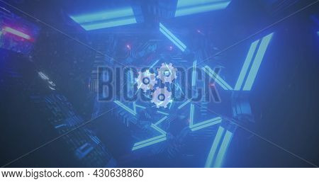Image of digital interface with floating icons and circles over digital tunnel. Global digital network technology concept digitally generated image.