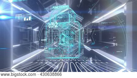 Image of digital interface with padlock and data processing over digital tunnel. Global digital network technology security concept digitally generated image.