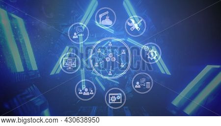 Image of digital interface with floating icons and circles over digital tunnel. Global digital network technology concept digitally generated image.