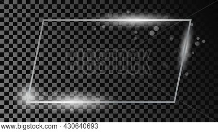 Silver Glowing Rectangular Shape Frame With Sparkles Isolated On Dark Transparent Background. Shiny 