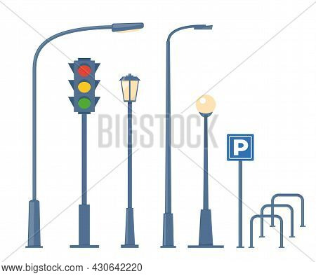 City And Outdoor Elements. Set Of Urban Objects. Street Lamps, Traffic Light, Bike Parking. Vector I