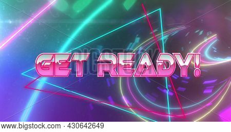 Image of image game screen with Get Ready! text in pink metallic letters with triangles and neon on glowing background. Retro image game concept digitally generated image.