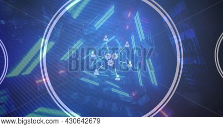 Image of digital interface with floating icons and circles over digital tunnel. Global digital network technology concept digitally generated image.