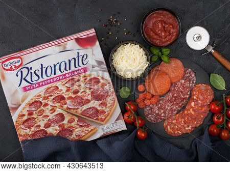 London, Uk - November 20, 2019: Box Of Dr.oetker Ristorante Pizza Pepperoni With Salami And Ham, Che