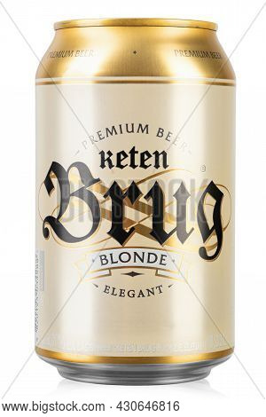 Ukraine, Kyiv - July 28. 2021: Can Of Keten Brug Blanche Elegant Beer Isolated On White. Unfiltered.