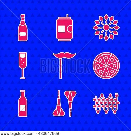 Set Paper Mustache On Stick, Dart Arrow, Christmas Lights, Pizza, Beer Bottle, Glass Of Champagne, F
