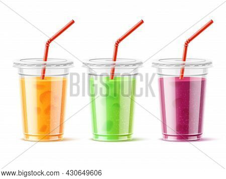 Plastic Cup Juice. Realistic Color Fruits Smoothies In Takeaway Transparent Glasses With Lids And Dr
