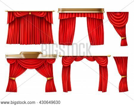 Red Curtains. Realistic Theatre, Opera Velvety Fabric Veils, Scene Textile Decor, Cornices And Lambr