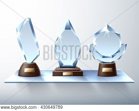 Glass Trophies. Modern Design Crystal Awards, Glass Wall Shelf, Realistic Diamonds Figurines, Victor