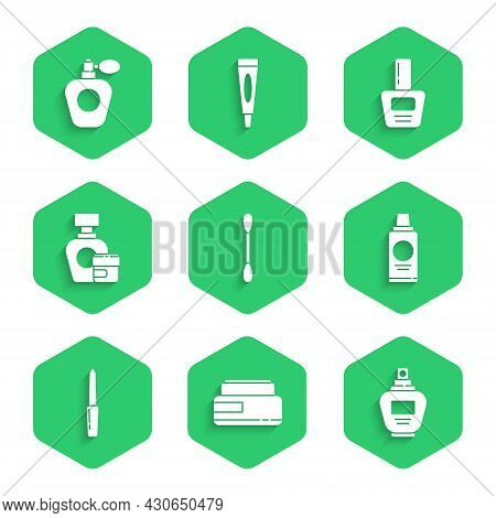 Set Cotton Swab For Ears, Cream Lotion Cosmetic Tube, Perfume, Bottle Of Shampoo, Nail File, Polish 