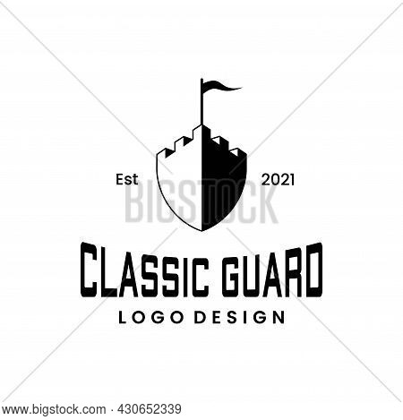 Bold And Strong Logo About Security Shield And Castle.
Eps 10, Vector.