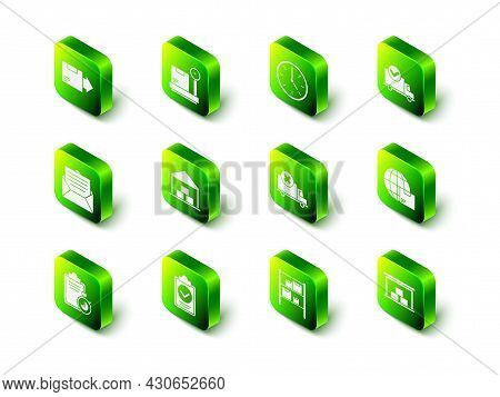 Set Scale With Cardboard Box, Clock, Delivery Truck Check Mark, Worldwide Shipping And, Warehouse, C