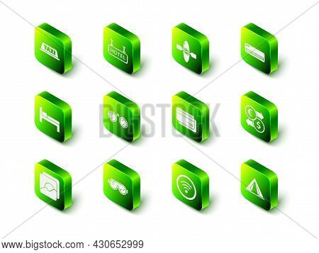 Set Signboard With Text Hotel, Kayak Or Canoe, Air Conditioner, Money Exchange, Tourist Tent, Credit