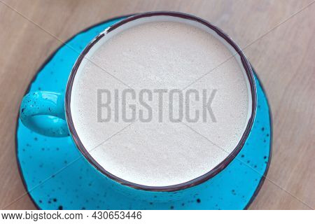 Latte Raff Coffee With Beautiful Froth In A Blue Cup Close-up, Morning Drink Sweet Breakfast, Copy S