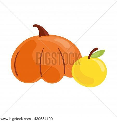 Vector Illustration Orange Pumkin And Yelloe Apple. Autumn Vegetabls.