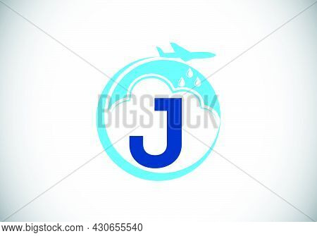 Initial J Monogram Alphabet With An Airplane And Cloud. Artificial Rainmaking. Cloud Seeding Logo. M